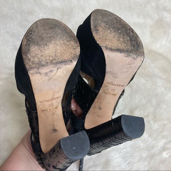 Barneys New York Co Op Black Snake Suede Peep Toe Heeled Platform Booties 35 - Picture 10 of 12